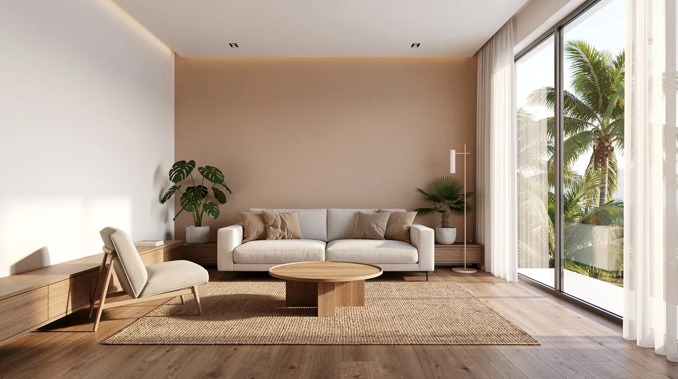 Home Interior Singapore Design Services The image depicts a bright, modern living room featuring warm wood tones and minimalist furniture, set in a tropical apartment. Natural light floods the space, highlighting the thoughtful layout and functional design elements that create a cozy home atmosphere.