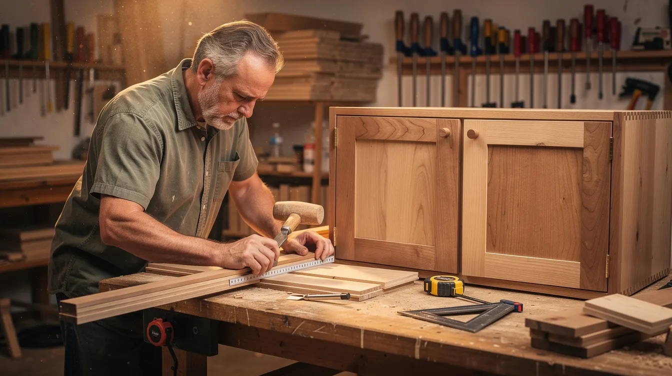 Renovation Contractor Recommendation Singapore: Best Contractors for Your Home Renovation Project A skilled carpenter is focused on crafting custom wooden cabinetry in a well-equipped workshop, showcasing quality workmanship and attention to detail. This scene reflects the essential role of renovation contractors in creating tailored solutions for home renovation projects.