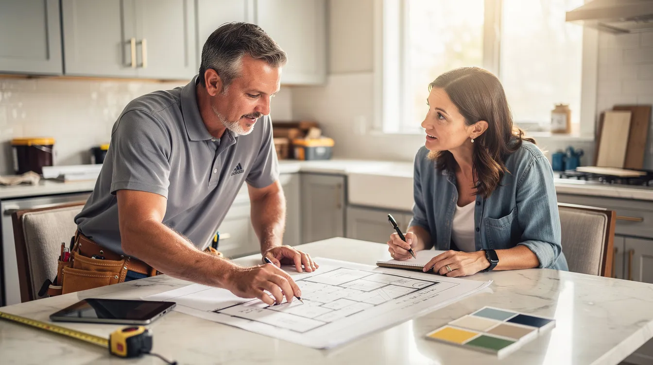 Renovation Contractor Recommendation Singapore: Best Contractors for Your Home Renovation Project The image depicts a contractor and a homeowner collaboratively reviewing renovation plans at a kitchen table, highlighting the planning phase of their home renovation journey. This scene emphasizes the importance of effective communication and project management in achieving the homeowner's dream home through quality workmanship and expert renovation services.