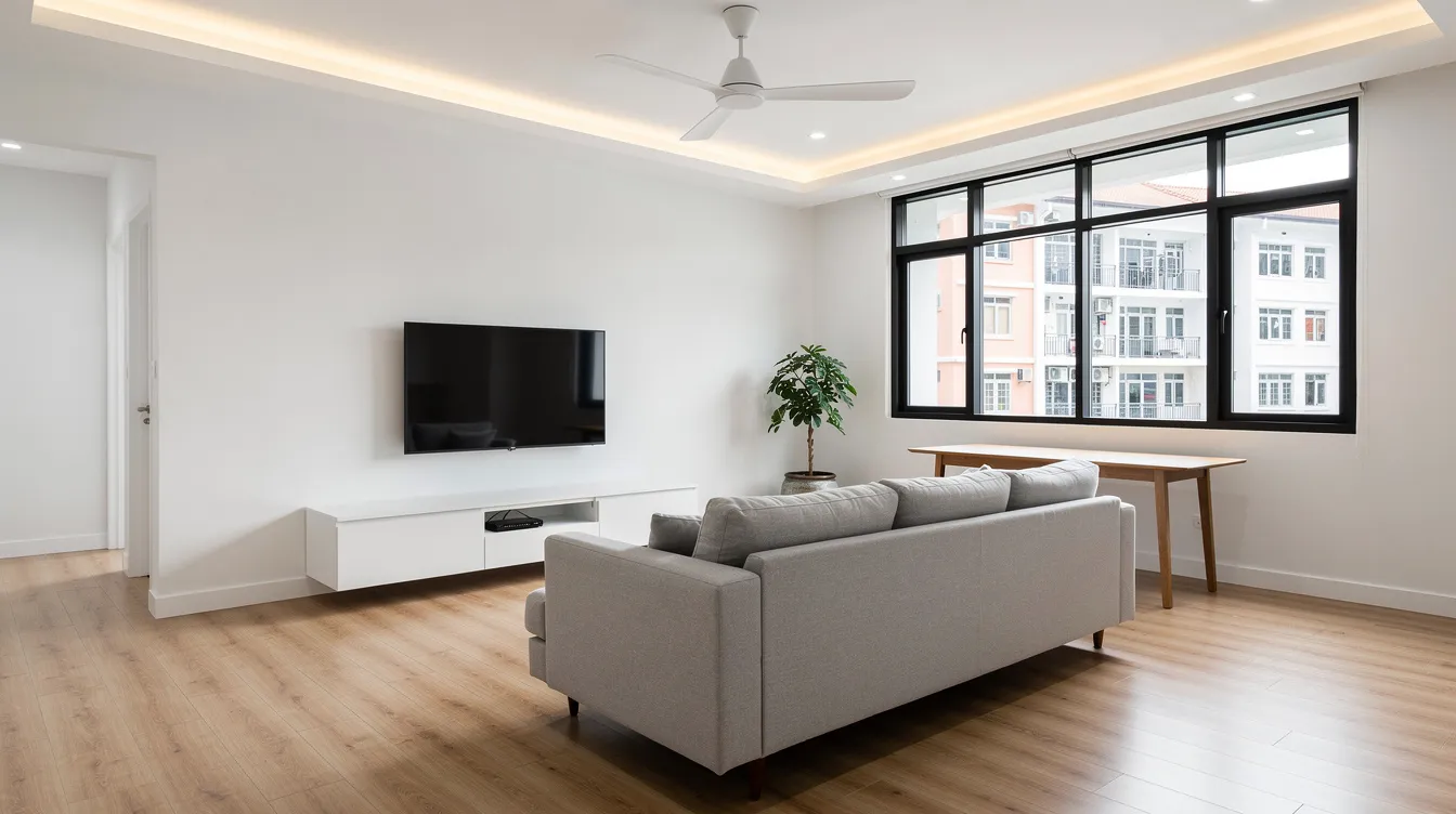 Renovation Contractor Recommendation Singapore: Best Contractors for Your Home Renovation Project The image depicts a bright, modern renovated living room in a Singapore HDB flat, featuring clean white walls and elegant wooden flooring. This stylish space showcases quality workmanship and thoughtful interior design, perfect for homeowners embarking on their renovation journey.