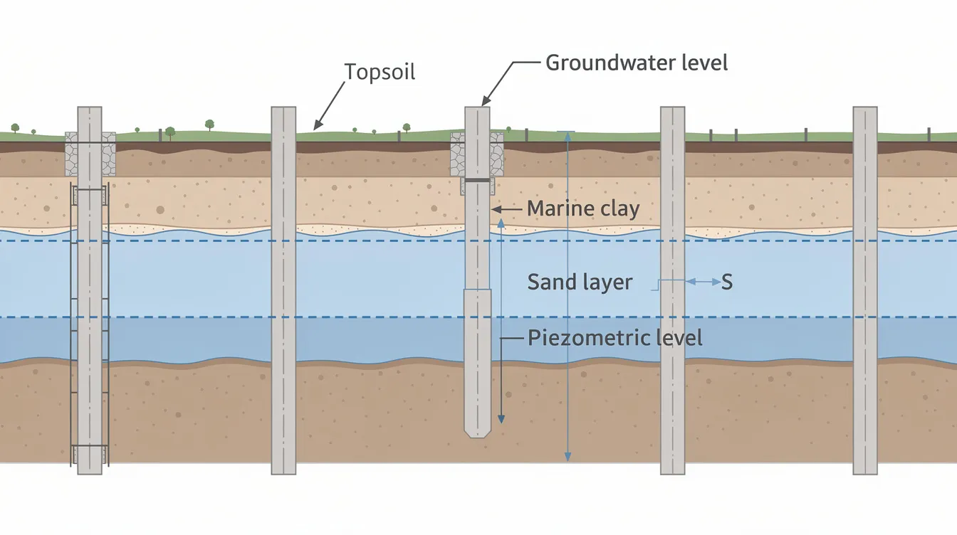 Heavy Machinery Foundation Design: A Guide for Singapore Industrial Facilities The image is a cross-section diagram illustrating various soil layers, including soft marine clay, along with pile foundations and groundwater levels. This diagram is essential for understanding foundation engineering, particularly for designing foundations for heavy machinery, as it highlights critical components affecting foundation stability and soil bearing capacity assessment.
