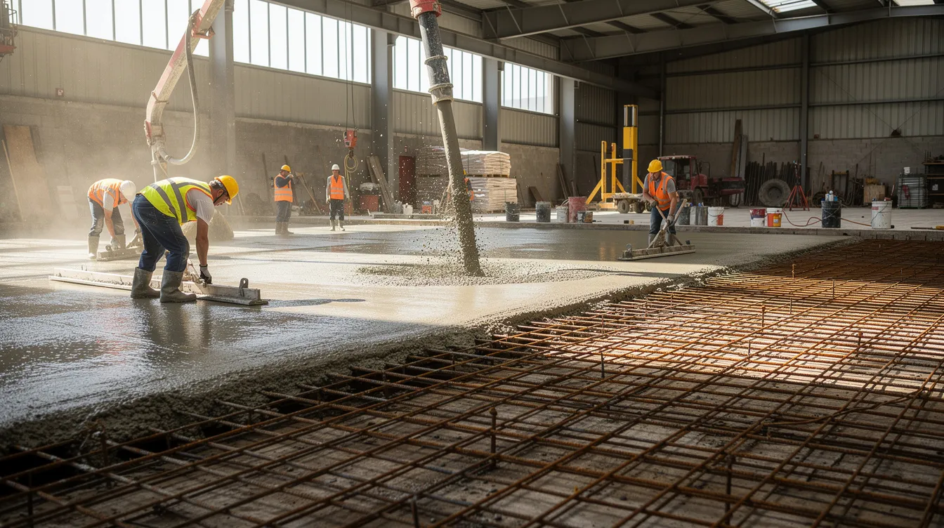 Designing Industrial Floor Slabs for High Forklift Traffic and Heavy Point Loads Construction workers are actively pouring and leveling fresh concrete to create a durable industrial floor slab, with visible reinforcement mesh that enhances the load carrying capacity for heavy point loads and forklift traffic. The scene captures the meticulous process of forming a flat concrete surface, essential for supporting warehouse operations.