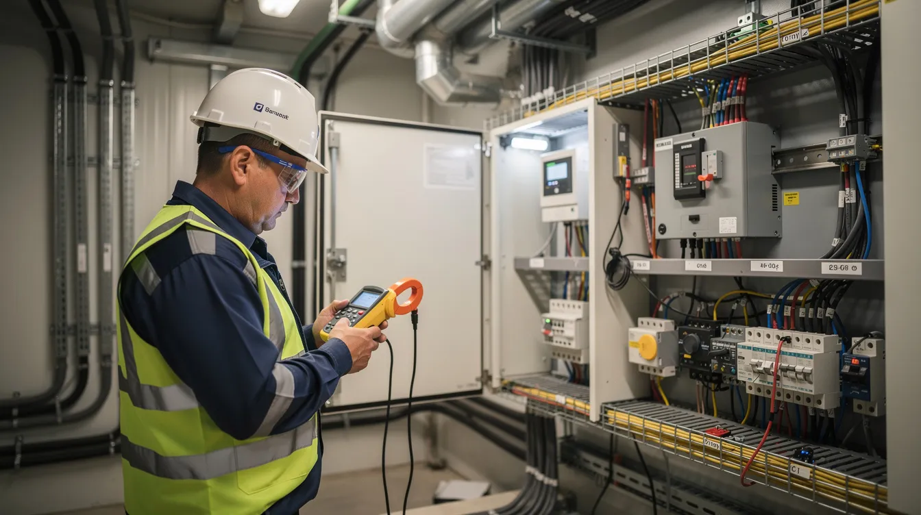 M E Engineering Audits for Aging Commercial Office Buildings in Singapore: A Complete Guide An engineering professional is inspecting equipment with measurement instruments in a building services room, focusing on energy performance and compliance with regulatory requirements for energy efficiency in commercial buildings. This inspection is crucial for ensuring adherence to the Building and Construction Authority's regulations and achieving operational savings in energy-intensive buildings.