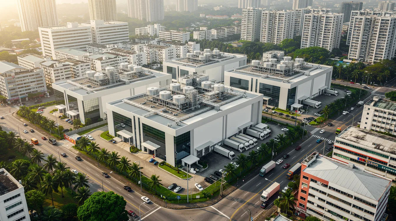 Overcoming M E Challenges in High Tech Semiconductor Manufacturing Facilities in Singapore The image depicts a vibrant tropical industrial district in Singapore, featuring modern semiconductor manufacturing facilities nestled within a dense urban landscape. These state-of-the-art buildings represent the robust semiconductor ecosystem, highlighting Singapore's role in the global semiconductor industry and its advanced manufacturing capabilities.