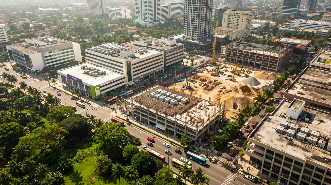 Structural Due Diligence Engineering Checks for Commercial Property Acquisitions in Singapore An aerial view showcases a bustling tropical urban landscape filled with various commercial buildings and active construction sites. This scene highlights the dynamic real estate market in Singapore, where due diligence processes, including legal reviews and compliance checks, are essential for potential buyers and investors navigating property acquisitions and assessing key risks.