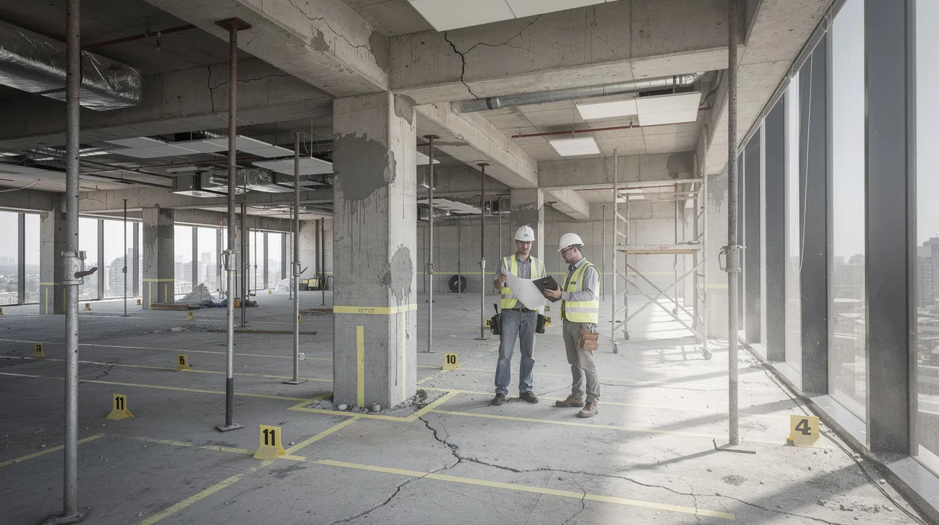 Structural Due Diligence Engineering Checks for Commercial Property Acquisitions in Singapore The image depicts the interior of a commercial building undergoing a structural assessment, showcasing various concrete elements as engineers conduct a thorough evaluation. This assessment is part of the due diligence process for potential buyers to identify key risks and ensure compliance with regulatory standards in the property purchase.