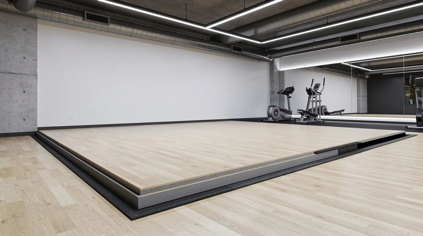 Acoustic and Structural Floor Dampening for Gyms and Fitness Centers in Retail Malls The image depicts the interior of a gym featuring a floating floor system, clearly showing a perimeter isolation gap around the room edges to enhance soundproofing and reduce noise transmission. This design helps absorb impact noise from dropped weights, creating a more pleasant environment for gym members engaged in various fitness activities.