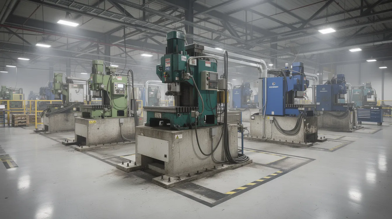 Heavy Machinery Foundation Design: A Guide for Singapore Industrial Facilities The image depicts an industrial factory floor featuring large machinery securely mounted on concrete foundation blocks, emphasizing the importance of foundation engineering for heavy machinery. The setup showcases critical components for operational efficiency and stability, highlighting the need for proper foundation design to withstand dynamic loads and ensure overall industrial stability.