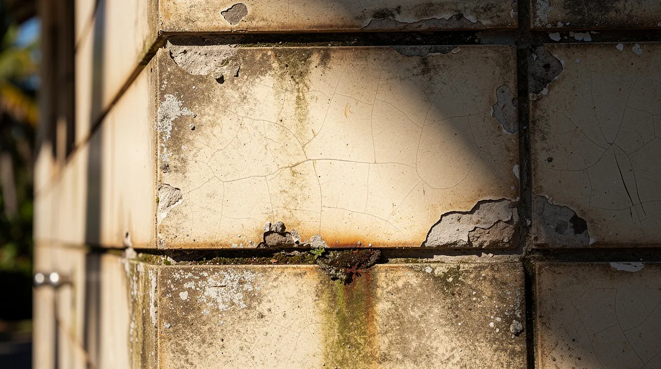 Structural Due Diligence Engineering Checks for Commercial Property Acquisitions in Singapore The image depicts a close-up view of a weathered building facade, highlighting the condition of tiles and cladding under the bright tropical sunlight. This visual representation can provide insights into the physical condition and potential hidden liabilities of older buildings, which are crucial aspects in the due diligence process for property purchase in Singapore.