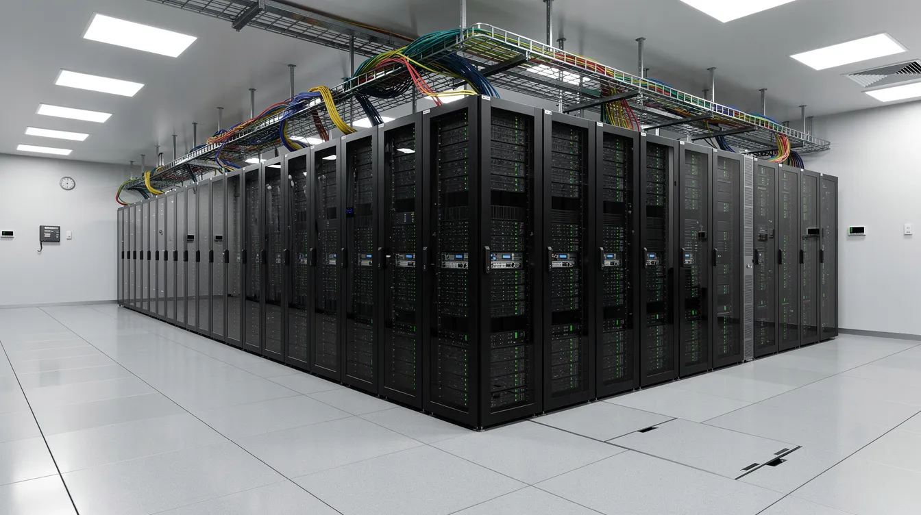 Designing Fire Suppression Systems for Commercial Server Rooms and Corporate Data Centers: Key Considerations The image depicts a commercial server room filled with rows of equipment racks and overhead cable trays, showcasing a controlled environment designed for optimal data center fire protection. This modern data center emphasizes the importance of fire suppression systems to safeguard sensitive equipment and ensure business continuity.