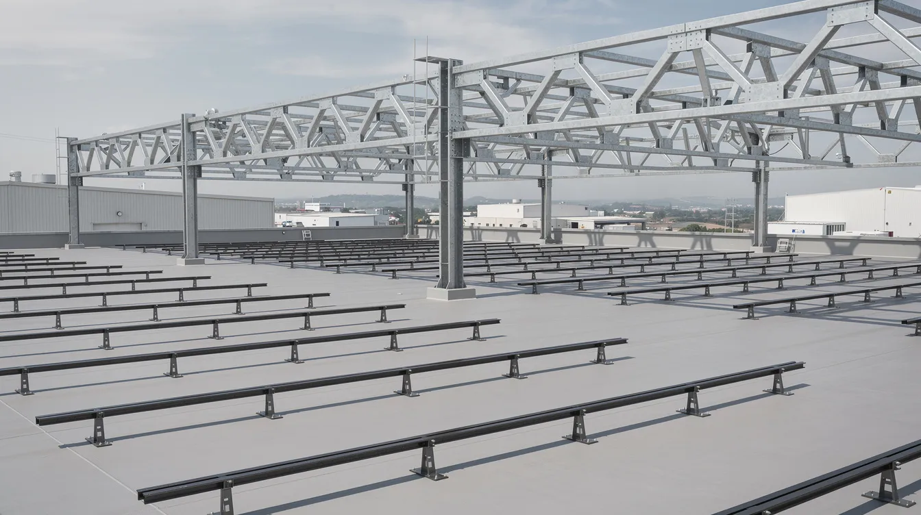 Warehouse Roof Strengthening for Large Scale Solar Panel Installations in Singapore The image depicts an industrial warehouse rooftop featuring a robust steel truss structure, designed for solar panel mounting. This setup supports commercial solar installations, optimizing the roof space for renewable energy generation and contributing to energy resilience in Singapore.