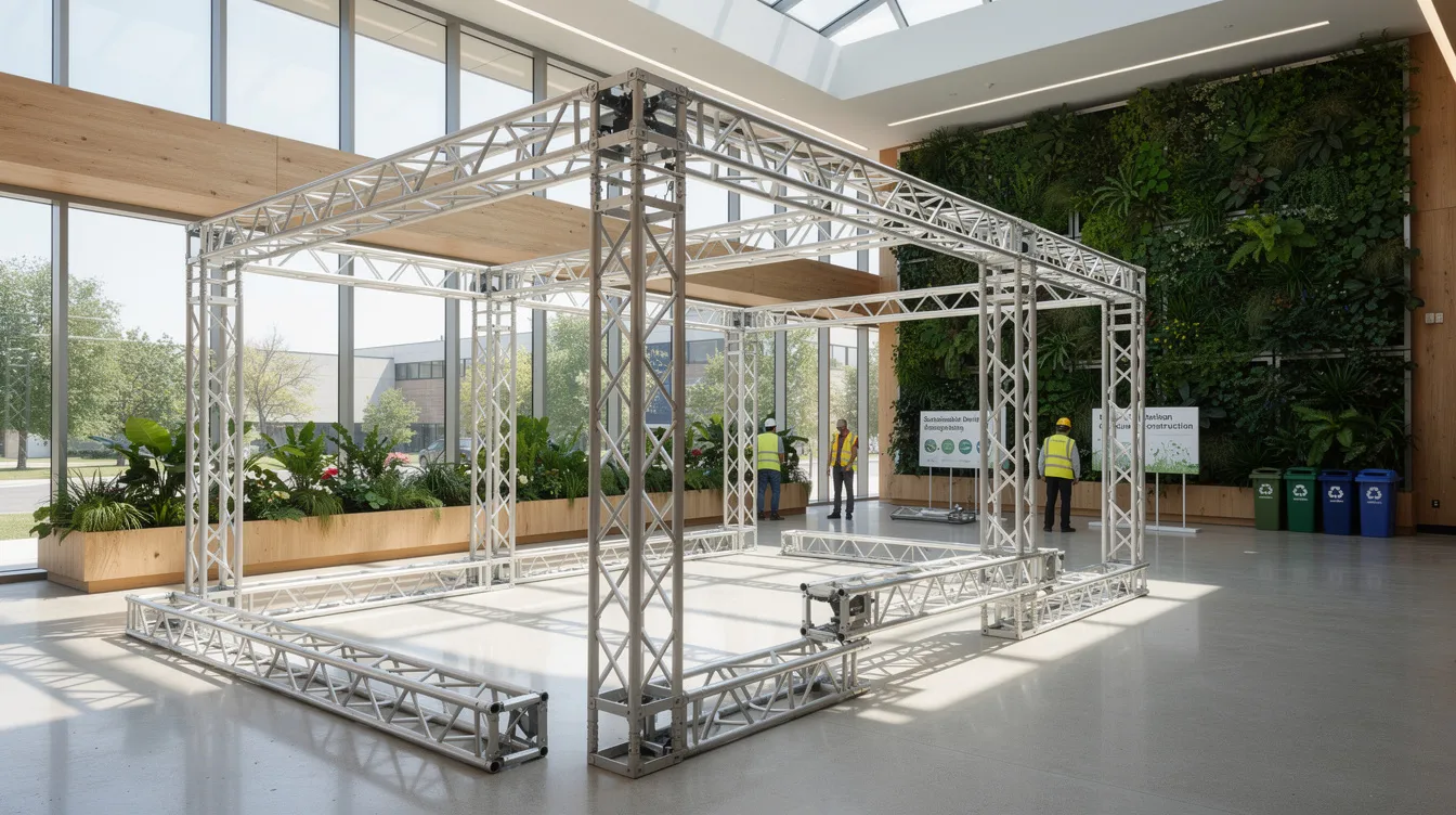 Designing Temporary Structural Supports for Commercial Mall Atrium Exhibitions and Events: A Complete Engineering Guide The image depicts a partially assembled modular aluminum truss structure in a bright, naturally lit shopping mall atrium, showcasing sustainability-focused design elements. This architectural project emphasizes the integration of public space and social interaction within commercial buildings, creating an inviting atmosphere for visitors.