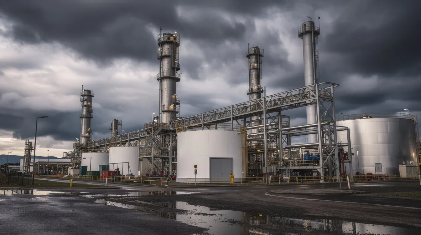 Designing Specialized Lightning Protection Systems for Hazardous Industrial Environments The image depicts an industrial petrochemical facility featuring tall process towers and large storage tanks, all set against a backdrop of dramatic storm clouds. This environment underscores the importance of implementing an effective lightning protection system to safeguard sensitive equipment and ensure compliance with lightning protection standards during severe weather events.