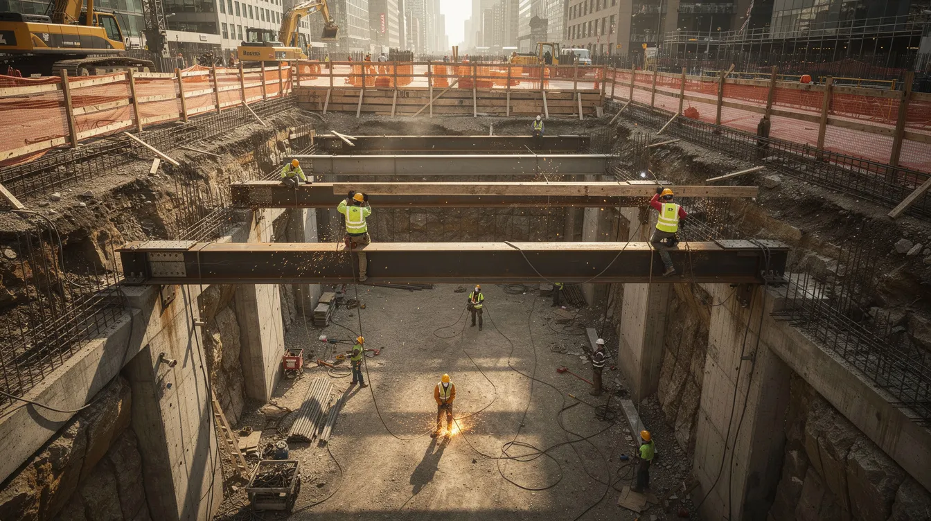 Geotechnical Considerations for Deep Basement Excavation in Singapore's CBD The image shows construction workers installing steel struts within a deep urban excavation, a crucial step in basement construction projects. This process involves using earth retaining systems to support adjacent structures while managing excavated soil and ensuring the structural capacity of the retaining walls.