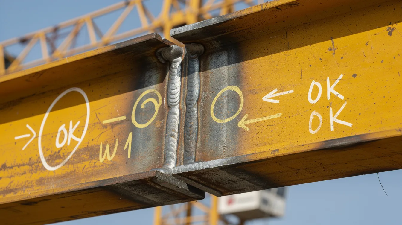 Crane Runway Beam Design and Managing Structural Fatigue in Heavy Industrial Workshops The image shows a close-up view of a welded steel connection on a crane support beam, highlighting inspection markings that indicate the structural integrity of the crane runway beams. This detail is essential for ensuring safe crane operation and managing fatigue in heavy-duty cranes within industrial buildings.