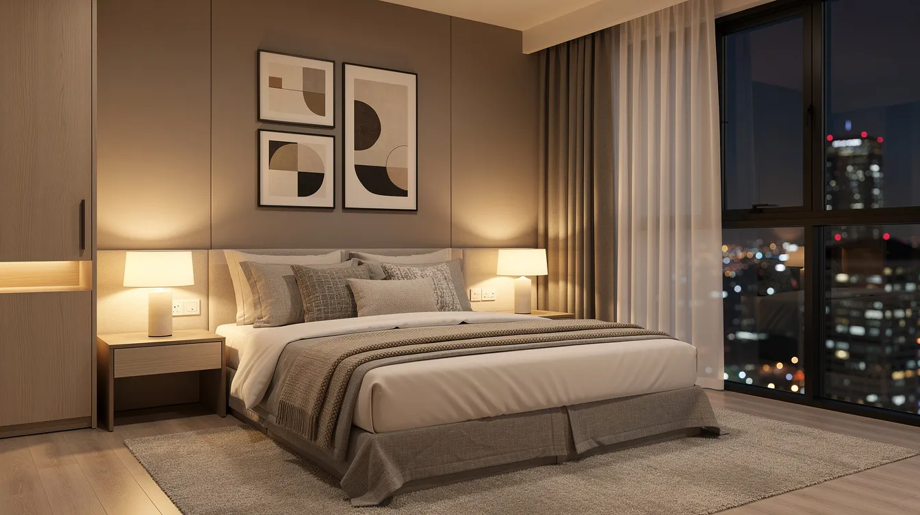 Interior Decorator Singapore: Complete Guide to Styling Services and Costs 2026 The image features a professionally styled bedroom in a Singapore condominium, showcasing layered textiles on the bed, ambient bedside lighting, and curated artwork on the walls, reflecting the expertise of an interior designer. The space combines aesthetics and functionality, creating a serene environment perfect for relaxation.