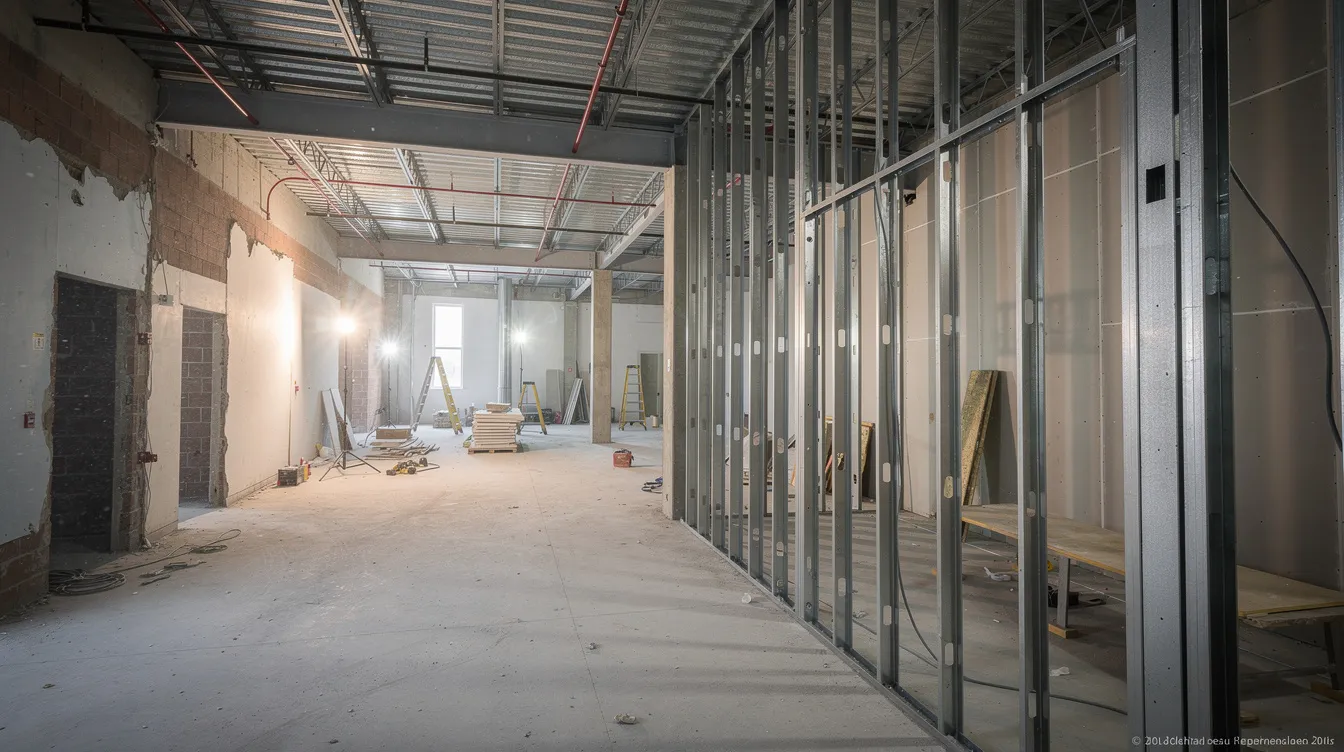 Designing Fire Suppression Systems for Commercial Server Rooms and Corporate Data Centers: Key Considerations The image shows a building in the midst of renovation, featuring exposed structural elements alongside newly installed fire-rated wall partitions, which are essential for fire protection in sensitive environments like server rooms and data centers. These upgrades aim to enhance fire suppression systems and ensure operational continuity by reducing fire risks and protecting critical infrastructure.