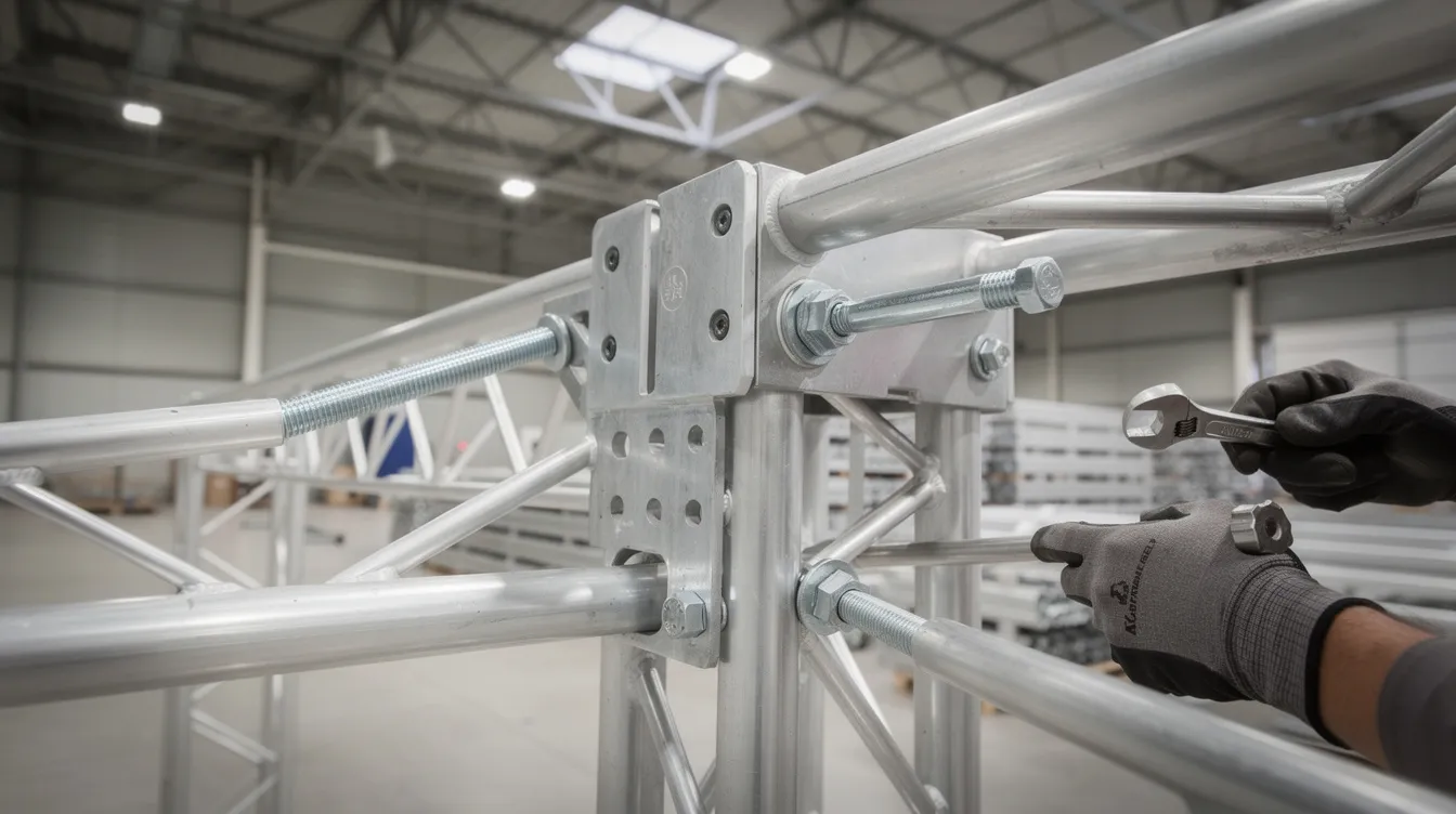 Designing Temporary Structural Supports for Commercial Mall Atrium Exhibitions and Events: A Complete Engineering Guide A close-up view of modular aluminum truss framework connections being assembled in a large open interior space, likely within a shopping mall atrium, showcasing the intricate design and construction process for future exhibitions and events in a public space. The focus on these structural elements highlights the architectural design and collaborative efforts of designers and architects in transforming the location.
