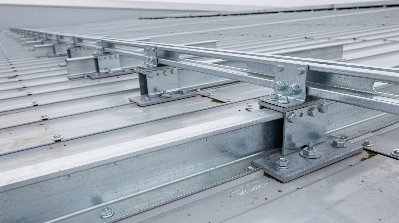 Warehouse Roof Strengthening for Large Scale Solar Panel Installations in Singapore A close-up view of steel purlin reinforcement featuring solar panel mounting brackets is displayed, showcasing the essential components for rooftop solar installations on a warehouse roof. This setup is crucial for supporting commercial solar systems and enhancing energy generation in industrial buildings.