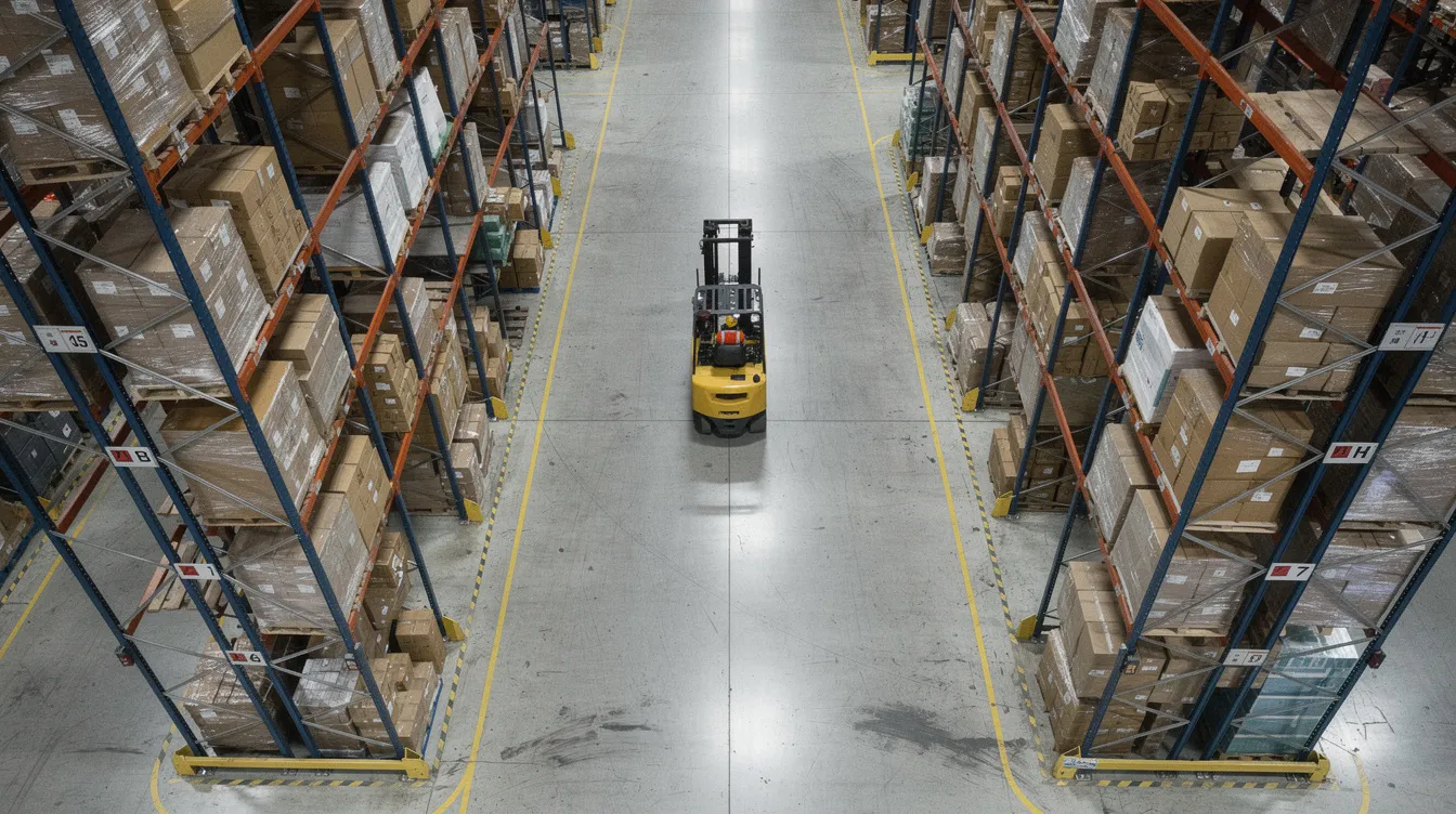 Designing Industrial Floor Slabs for High Forklift Traffic and Heavy Point Loads An aerial view captures a large industrial warehouse featuring a smooth concrete floor slab, designed for high forklift traffic. Forklifts navigate between tall racking systems, showcasing the warehouse's load carrying capacity and structural design for heavy point loads.