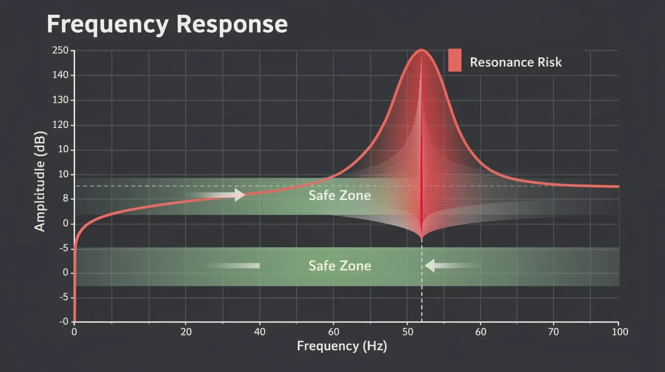 Heavy Machinery Foundation Design: A Guide for Singapore Industrial Facilities The image depicts a graph illustrating a frequency response curve with a pronounced resonance peak, alongside marked safe operating zones. This visual representation is crucial for understanding dynamic loads and vibration control in machine foundation design, particularly for heavy machinery installations, ensuring overall industrial stability and structural integrity.