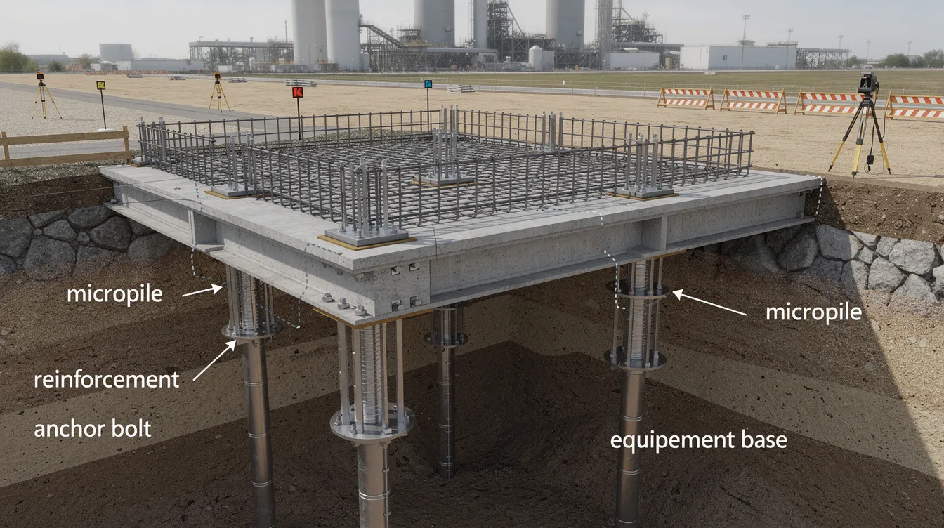 Structural Upgrades for Automated Storage and Retrieval Systems (ASRS) in Warehouses The image depicts a reinforced concrete foundation with micropile installation, designed to support heavy industrial equipment in a warehouse setting. This structural upgrade enhances operational efficiency and accommodates automated storage and retrieval systems (ASRS), optimizing space and increasing storage density for modern warehouse operations.