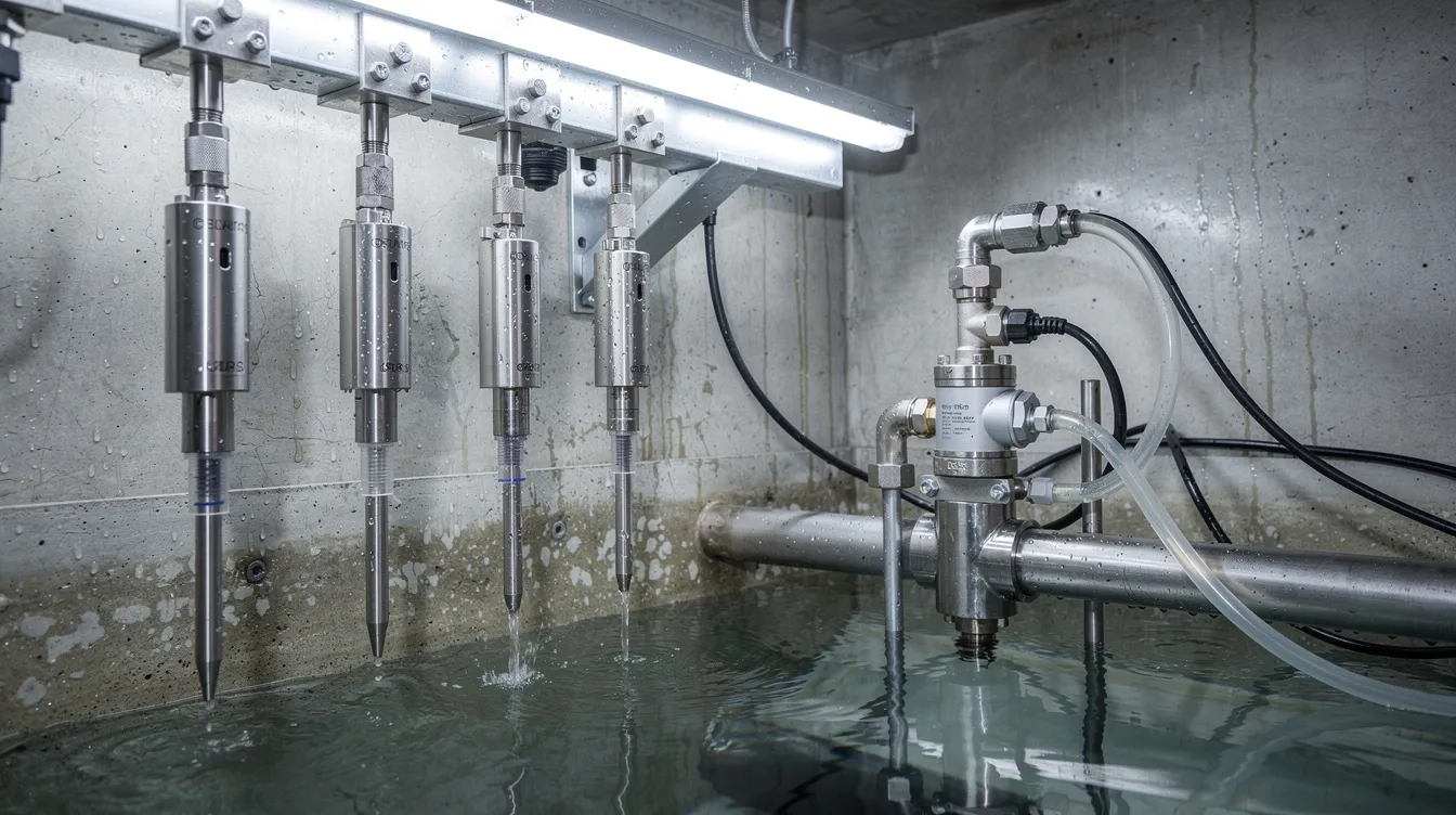 Industrial Effluent and Trade Drainage Submissions to PUB and NEA: What Factories Need to Know The image shows a close-up view of advanced water quality sensors and automated sampling equipment within an industrial inspection chamber, crucial for monitoring trade effluent discharged into Singapore's public sewerage system. Workers are seen maintaining the equipment, ensuring compliance with trade effluent regulations and monitoring parameters like biochemical oxygen demand and total suspended solids to prevent illegal discharge of pollutants.