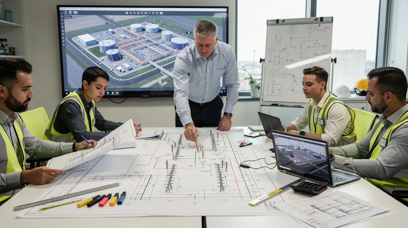 Designing Specialized Lightning Protection Systems for Hazardous Industrial Environments An engineering team is gathered around a large industrial site plan, reviewing detailed lightning protection system design drawings. They are discussing components such as air terminals and down conductors to ensure effective lightning protection for the facility, focusing on compliance with lightning protection standards.