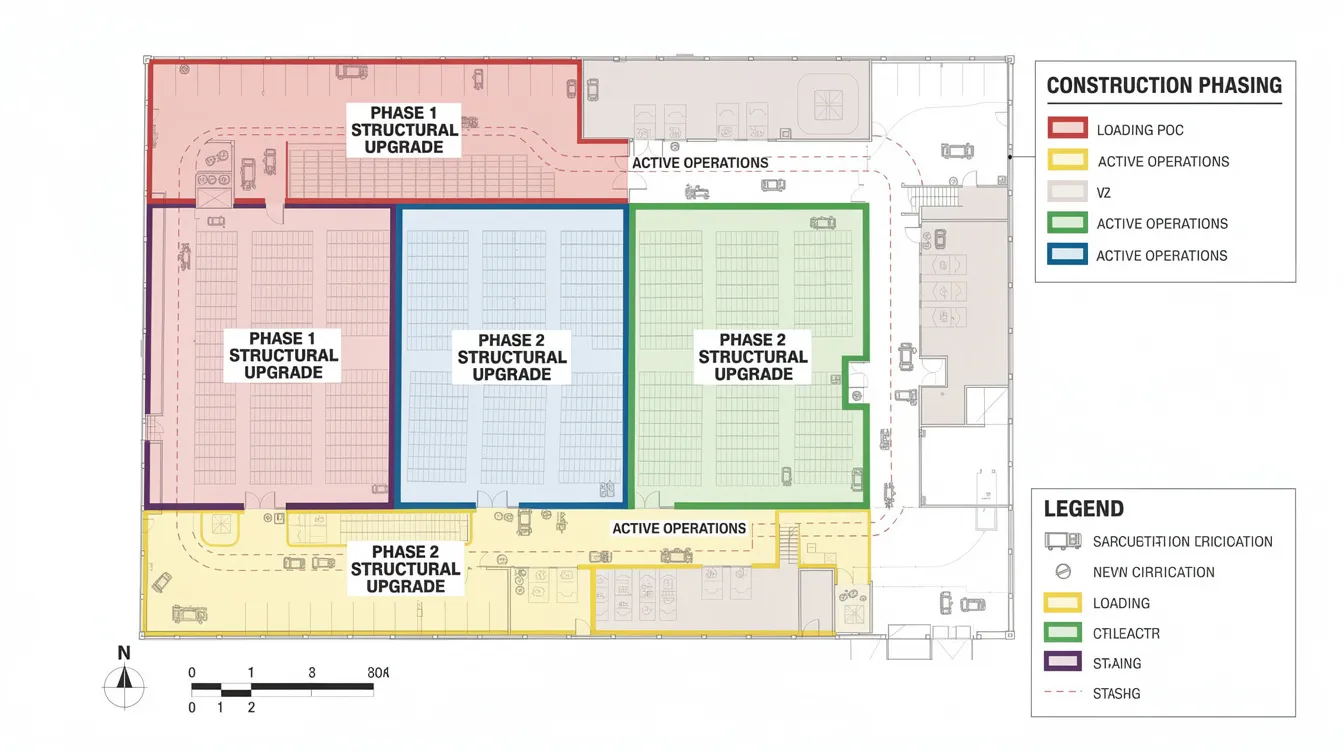 Structural Upgrades for Automated Storage and Retrieval Systems (ASRS) in Warehouses The image depicts a construction phasing diagram outlining the designated upgrade zones within a warehouse while maintaining operational areas. It illustrates how automated storage and retrieval systems (ASRS) will enhance storage density and operational efficiency, ensuring that the warehouse remains competitive by optimizing material flow and integrating new automated solutions.