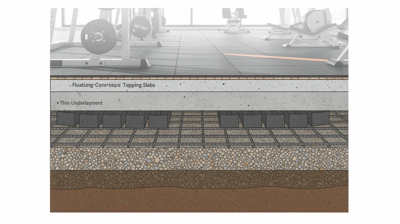 Acoustic and Structural Floor Dampening for Gyms and Fitness Centers in Retail Malls The image displays a cross-section of a concrete floor slab in a commercial gym, highlighting various vibration isolation layers designed for effective noise control. These layers aim to minimize sound transmission from gym activities, such as dropped weights and heavy equipment, creating a pleasant environment for gym members while absorbing vibrations and reducing impact noise.