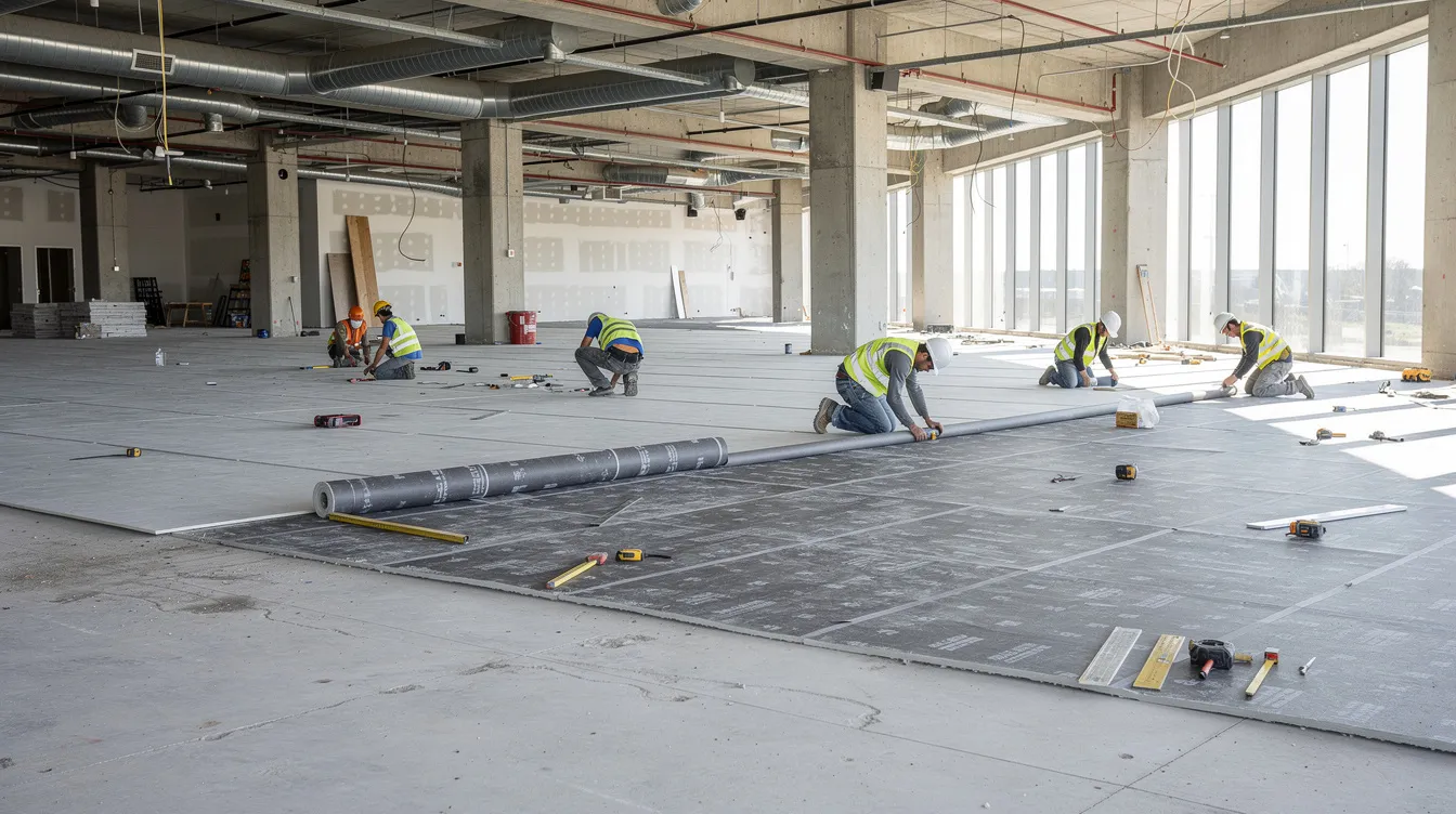 Acoustic and Structural Floor Dampening for Gyms and Fitness Centers in Retail Malls The image depicts a construction site focused on floor preparation and the installation of an acoustic layer within a commercial building, designed to enhance gym soundproofing and reduce noise transmission. Workers are seen applying soundproofing materials to minimize impact noise from dropped weights and create a pleasant environment for gym members.
