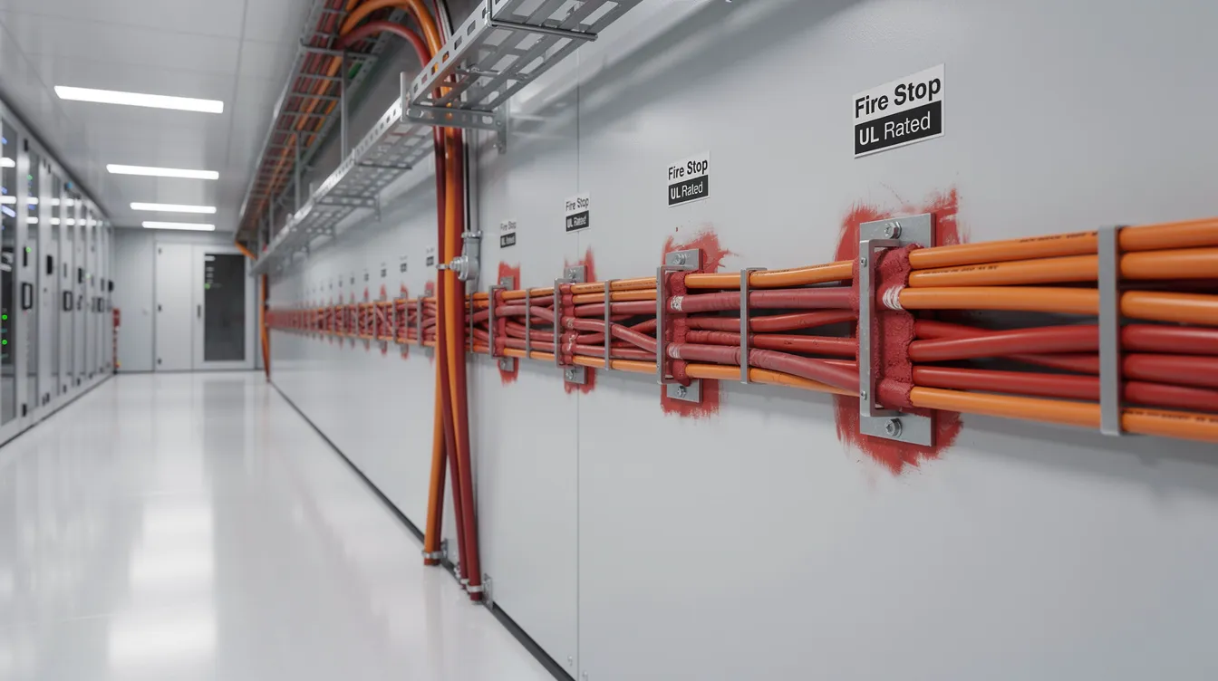Designing Fire Suppression Systems for Commercial Server Rooms and Corporate Data Centers: Key Considerations The image depicts a corridor within a modern data center, showcasing sealed cable penetrations through a fire-rated wall, with visible fire-stopping materials in place. This setup emphasizes the importance of fire suppression systems for protecting sensitive equipment and ensuring business continuity in server rooms against potential fire risks.
