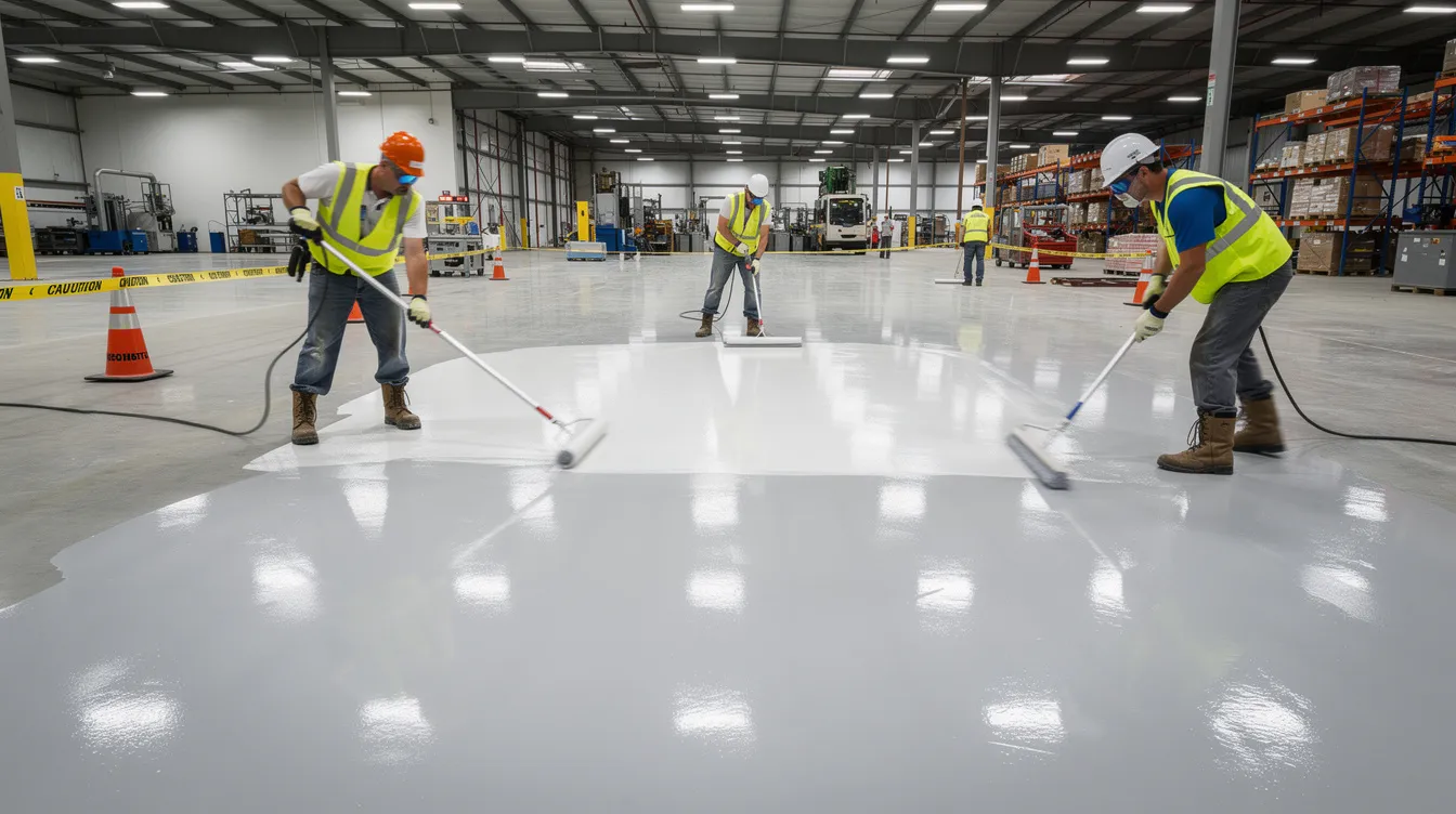 Structural Repair Strategies for Concrete Carbonation in Manufacturing Plant Environments The image shows workers in safety gear applying a protective coating to an industrial concrete floor, focusing on ensuring the durability of the reinforced concrete structures against carbonation-induced corrosion. This process is essential for maintaining the structural safety and load-bearing capacity of the concrete surface in manufacturing plant environments.