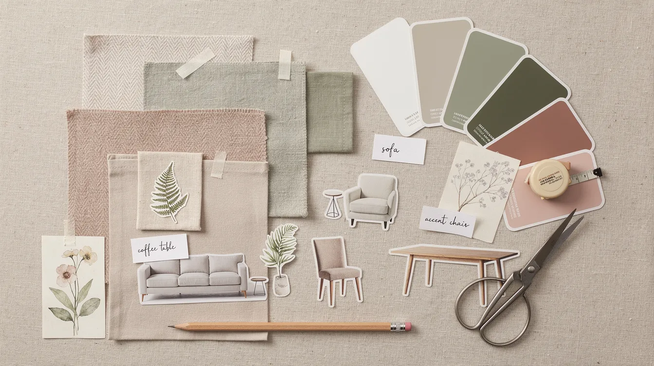 Interior Decorator Singapore: Complete Guide to Styling Services and Costs 2026 The image features a decorator's mood board showcasing an array of fabric swatches, paint samples, furniture cutouts, and botanical prints, all thoughtfully arranged against a neutral background. This creative display reflects the work of an interior designer, highlighting various materials and styles to inspire homeowners during their renovation projects.