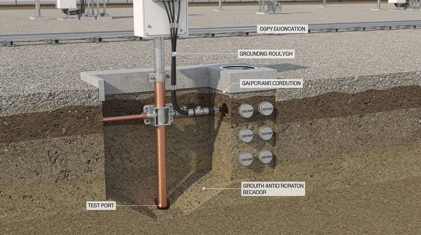 Designing Specialized Lightning Protection Systems for Hazardous Industrial Environments The image depicts the installation of a grounding electrode system in industrial soil, showcasing protective coatings and monitoring ports. This setup is crucial for an effective lightning protection system, ensuring safety against direct lightning strikes and enhancing the grounding effectiveness for sensitive equipment in hazardous environments.