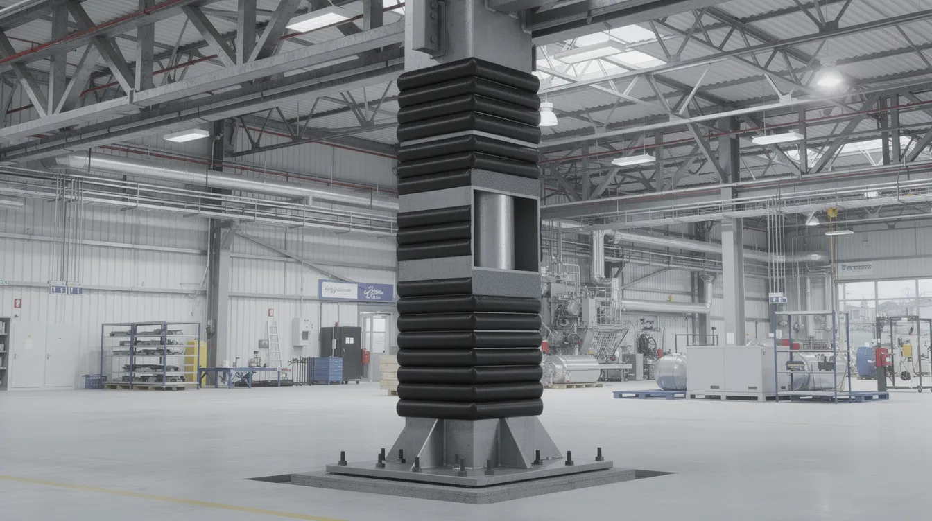 Structural Upgrades for Automated Storage and Retrieval Systems (ASRS) in Warehouses The image depicts a steel column reinforcement wrapped in fiber-reinforced polymer within an industrial facility, showcasing a structural upgrade that enhances the durability and operational efficiency of existing systems. This reinforcement method supports automated storage and retrieval systems (ASRS) in warehouses, contributing to higher storage density and improved overall warehouse performance.