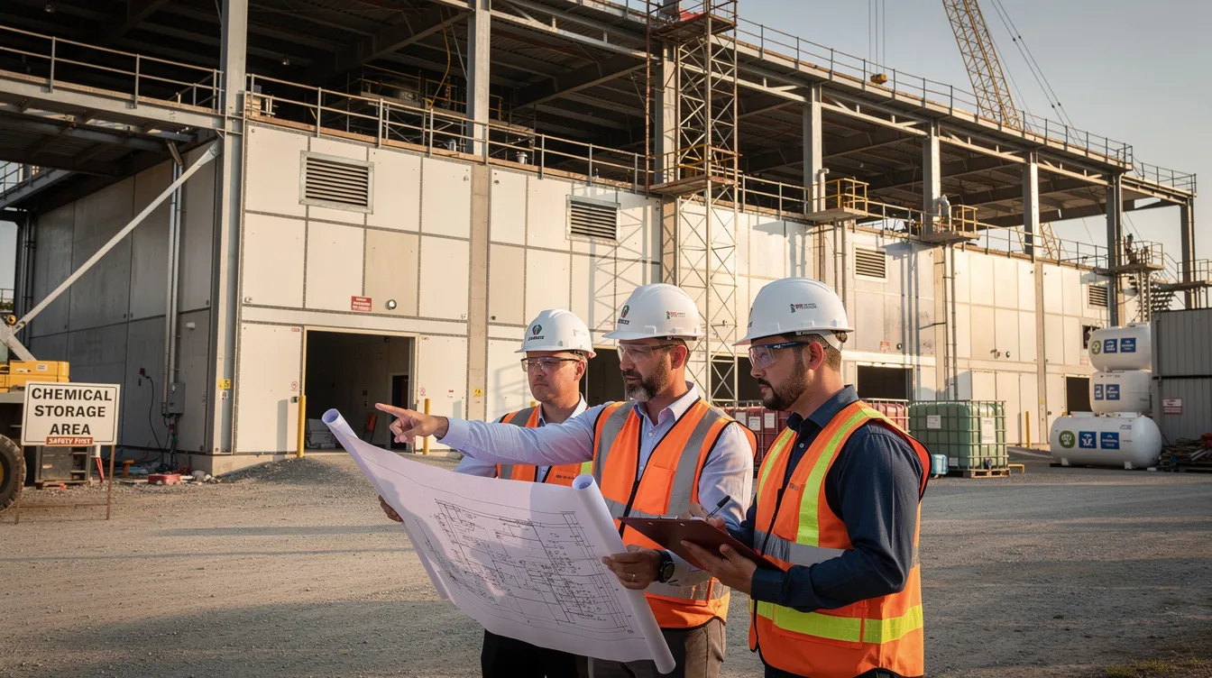 Fire Compartmentation and SCDF Compliance for Chemical Storage Facilities in Singapore Engineers are gathered in front of a chemical storage facility under construction, reviewing fire compartmentation drawings to ensure compliance with SCDF fire code and fire safety requirements. The scene highlights the importance of proper compartment walls and fire protection systems in preventing fire incidents in commercial buildings storing flammable materials.