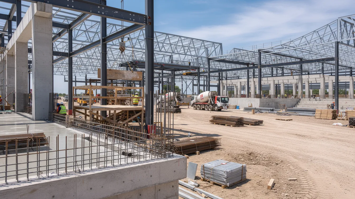 Overcoming M E Challenges in High Tech Semiconductor Manufacturing Facilities in Singapore The image depicts a bustling construction site featuring heavy structural concrete work and steel framing, essential for the development of a new industrial manufacturing facility. This facility is likely aimed at supporting the semiconductor industry, contributing to Singapore's robust semiconductor ecosystem and its role in the global semiconductor value chain.
