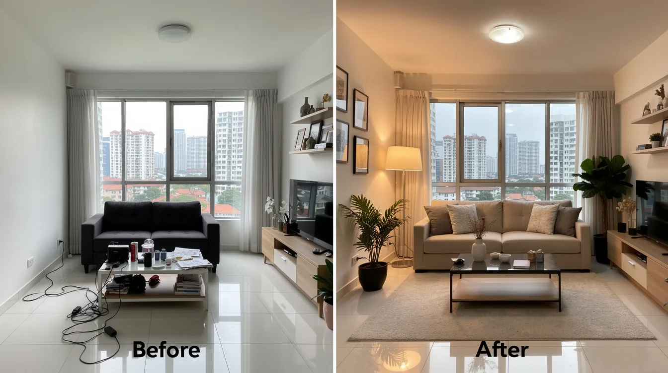 Interior Decorator Singapore: Complete Guide to Styling Services and Costs 2026 The image displays a side-by-side comparison of a Singapore HDB living room before and after professional decoration styling by an interior designer. The left side shows a plain, unadorned space, while the right side features a beautifully decorated room with modern furnishings, stylish accessories, and a cohesive color palette, showcasing the impact of expert interior design and decoration.