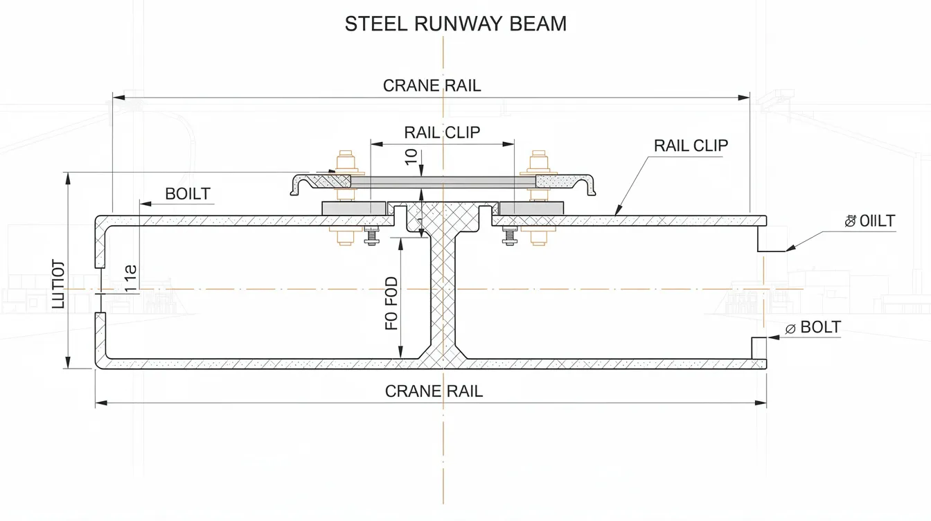 Crane Runway Beam Design and Managing Structural Fatigue in Heavy Industrial Workshops The image depicts a cross-section diagram of a steel crane runway beam, illustrating rail attachment and structural components essential for crane operation in an industrial facility. It highlights the design considerations for supporting heavy loads, managing vertical and lateral forces, and ensuring structural integrity for safe crane operation.