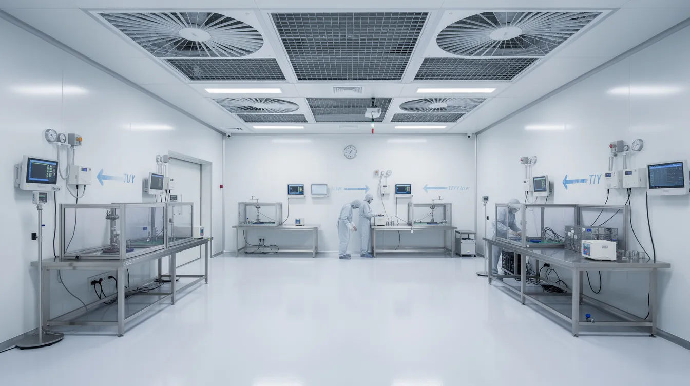 Overcoming M E Challenges in High Tech Semiconductor Manufacturing Facilities in Singapore The image depicts a cleanroom environment essential for semiconductor manufacturing, showcasing a HEPA filtration ceiling system and precision monitoring equipment designed to maintain controlled airflow. This setting is crucial for ensuring quality control and supporting the global semiconductor industry, particularly within Singapore's robust semiconductor ecosystem.