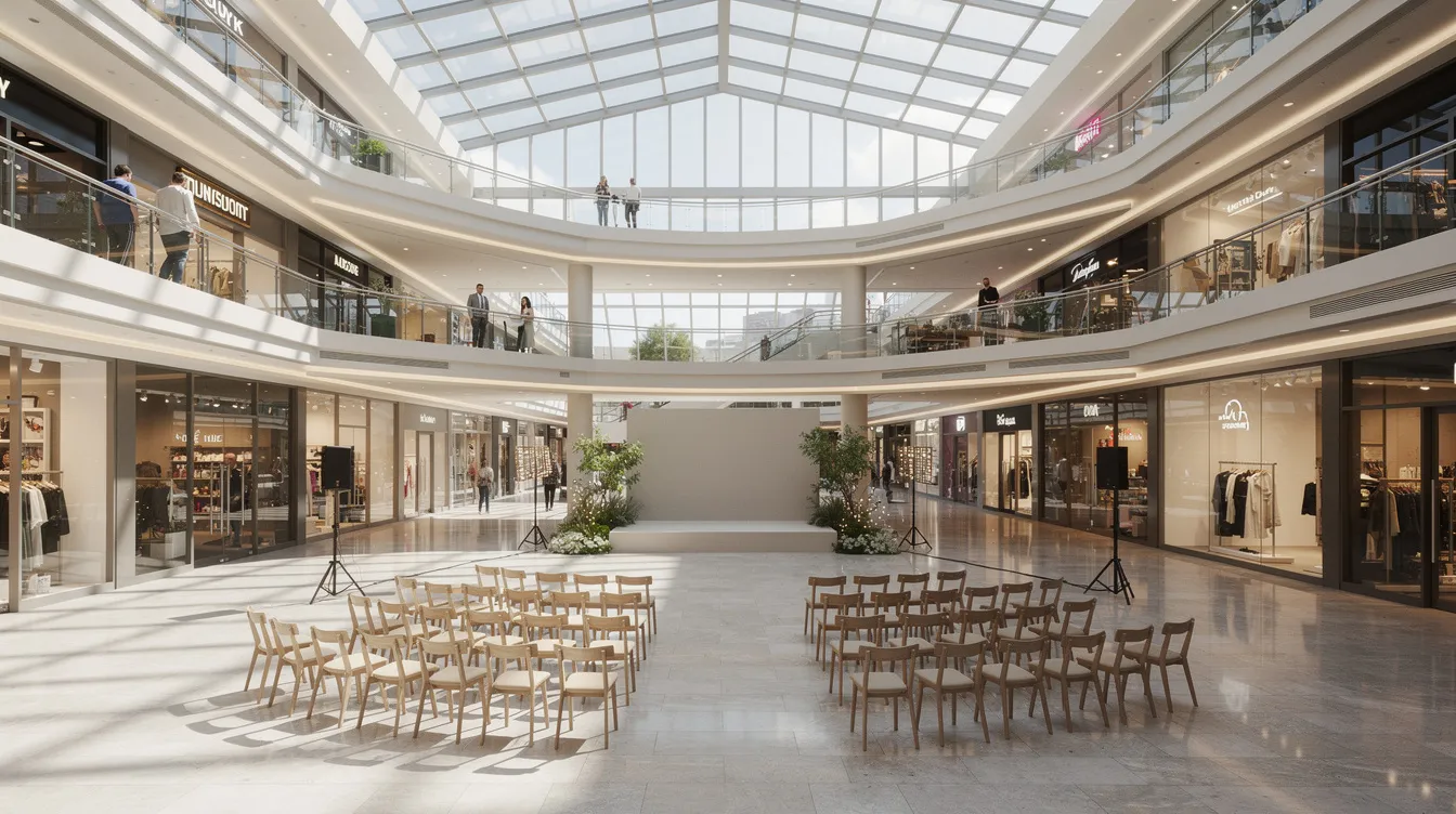 Designing Temporary Structural Supports for Commercial Mall Atrium Exhibitions and Events: A Complete Engineering Guide The image depicts the interior of a multi-story shopping mall atrium, where natural light floods through a glass roof, illuminating the open ground-floor area that is set up for an event. Surrounding balconies on each level create a spacious public space, designed for social interaction and showcasing architectural elements typical of modern commercial buildings.