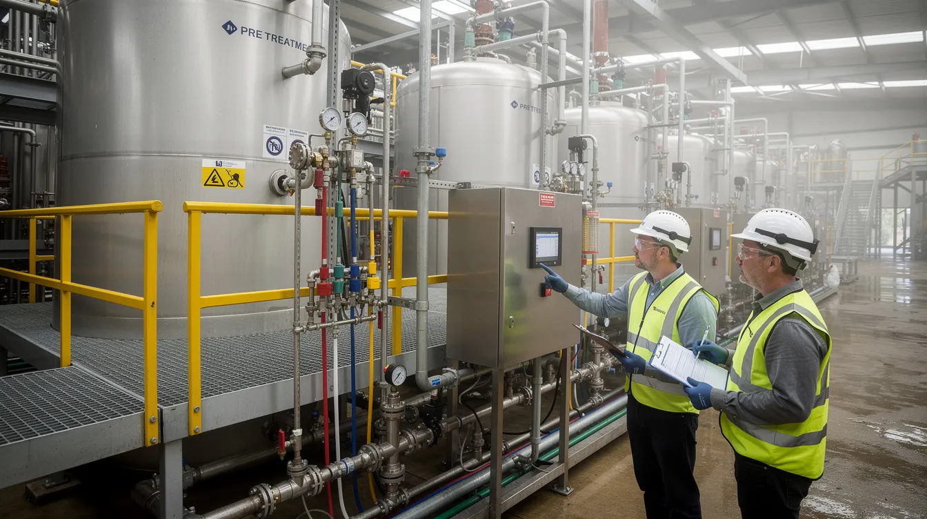Industrial Effluent and Trade Drainage Submissions to PUB and NEA: What Factories Need to Know The image depicts workers inspecting pre-treatment tanks and chemical dosing systems at a factory wastewater treatment facility, ensuring compliance with trade effluent regulations and monitoring the quality of industrial wastewater before it is discharged into the public sewerage system. They are focused on maintaining safety and operational efficiency while assessing parameters such as biochemical oxygen demand and total suspended solids.
