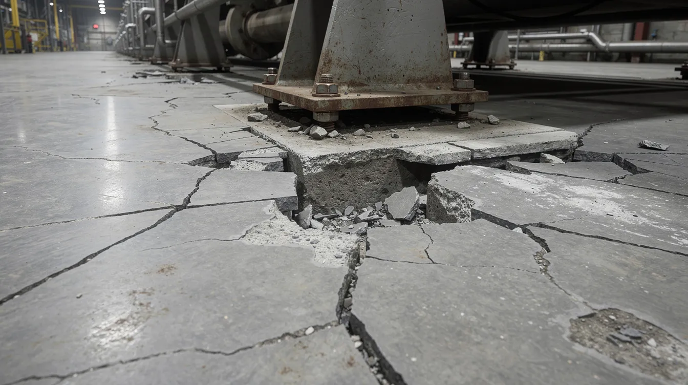 Structural Repair Strategies for Concrete Carbonation in Manufacturing Plant Environments The image depicts a concrete floor exhibiting visible cracks and spalling around the base of heavy industrial equipment, indicating potential issues with structural safety and reinforcement corrosion in reinforced concrete structures. This deterioration may be a result of environmental exposure, leading to carbonation-induced corrosion affecting the concrete surface and load-bearing capacity.