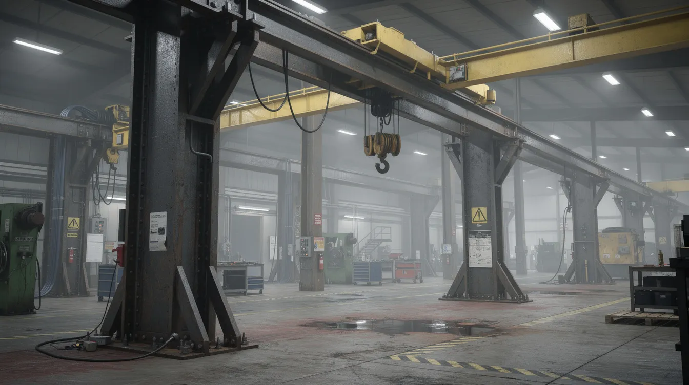 Crane Runway Beam Design and Managing Structural Fatigue in Heavy Industrial Workshops The image depicts heavy steel beams forming a robust crane runway system, supporting an overhead crane in a spacious manufacturing workshop. These structural components are designed to withstand vertical and lateral forces, ensuring safe crane operation while managing heavy loads and maintaining structural integrity.