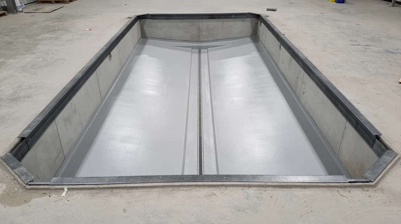 Loading Bay Dock Leveller Pit Design and Structural Reinforcement for Logistics Hubs in Singapore The image depicts an industrial concrete pit designed for loading and unloading operations, featuring waterproof coating on the walls and floor, a drainage channel, and an embedded steel angle frame for structural reinforcement. This design supports efficient loading dock operations, ensuring safety and durability in logistics hubs.