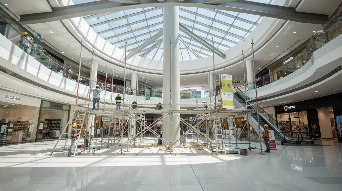 Designing Temporary Structural Supports for Commercial Mall Atrium Exhibitions and Events: A Complete Engineering Guide The image depicts a spacious commercial mall atrium featuring a multi-level glass ceiling, with scaffolding framework being assembled on the ground floor, highlighting the ongoing construction project aimed at enhancing the public space for future exhibitions and events. This architectural design transforms the site into a vibrant center for social interaction and showcases the integration of modern structures within the shopping mall environment.