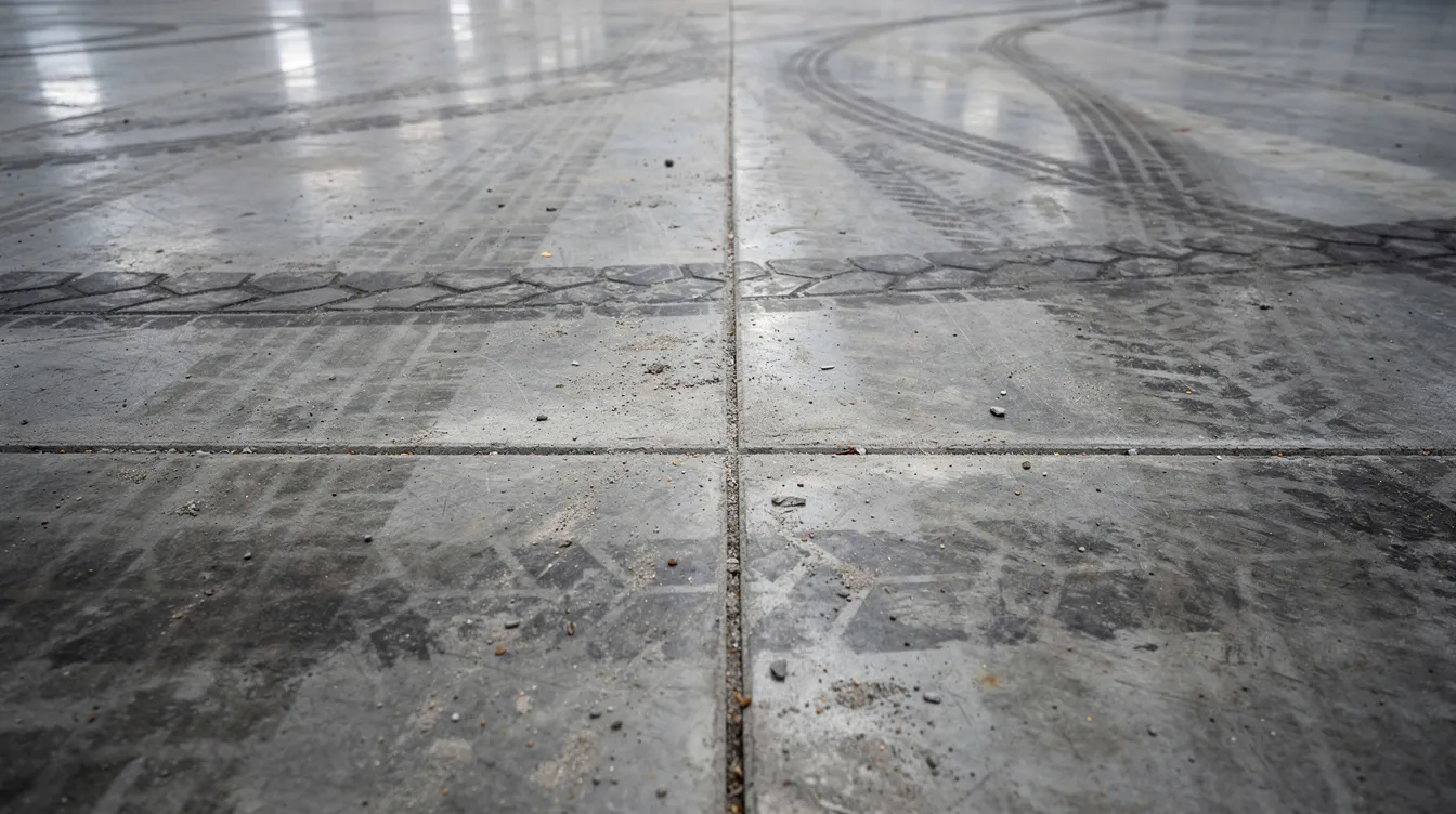 Designing Industrial Floor Slabs for High Forklift Traffic and Heavy Point Loads This close-up image of a concrete warehouse floor highlights joint lines and forklift tire marks, illustrating the wear and tear from heavy forklift traffic. The surface shows signs of load distribution and the effects of applied loads, emphasizing the importance of structural design in creating durable industrial floors.