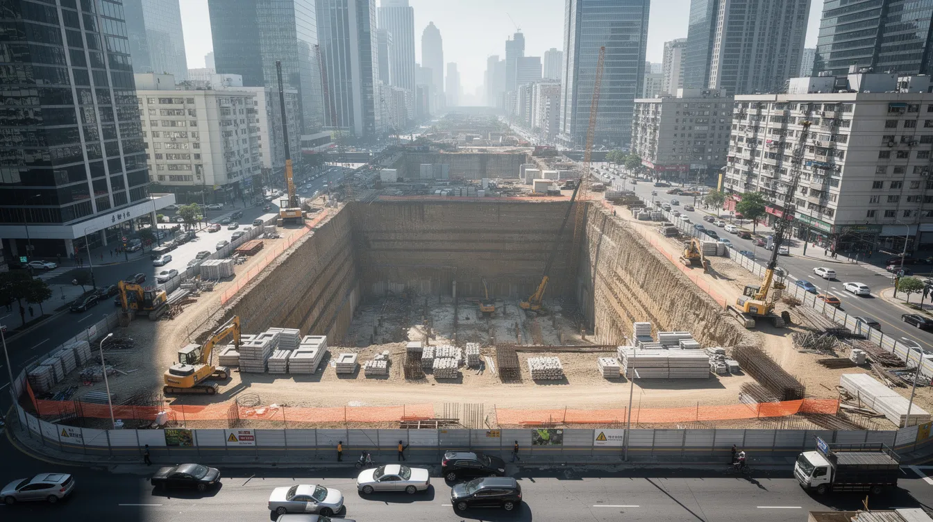 Geotechnical Considerations for Deep Basement Excavation in Singapore's CBD An aerial view showcases a deep excavation site surrounded by high-rise buildings in an urban environment, highlighting the intricate earth retaining systems and retaining walls used in deep basement construction. The image illustrates the scale of deep excavations necessary for urban development, emphasizing the proximity of adjacent structures and the complexity of construction methods employed.