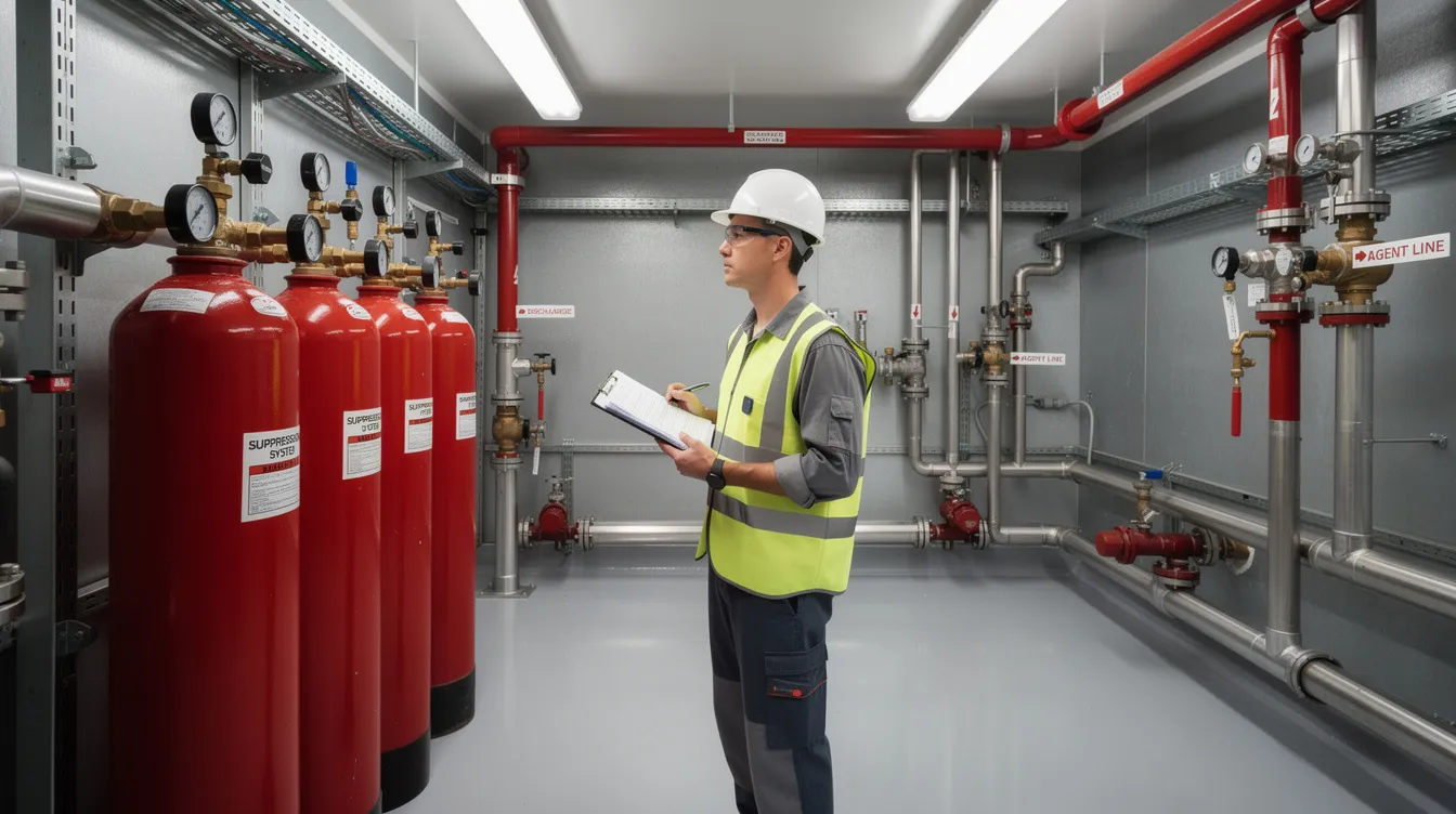 Designing Fire Suppression Systems for Commercial Server Rooms and Corporate Data Centers: Key Considerations An engineer is inspecting fire suppression system cylinders and piping in a technical equipment room, ensuring that the fire protection systems are in place to safeguard sensitive equipment in the data center. The focus is on maintaining operational confidence and preventing fire incidents that could lead to data loss or operational disruption.